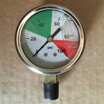 GAUGE, PRESS. 0-100 PSI 1/4IN BRASS LOWER NTP CONN, 27-53 PSI GRN/85-100 PSI RED
