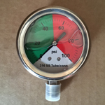 PRESS 0-100 PSI 2-1/2IN DIAL S/S FILL 1/4IN S/S LWR MPT CONN 0# TO 50# GRN/50# TO 100# RED