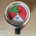 PRESS 0-30 PSI,2-1/2 DIAL S/S, LIQ 1/4IN MONEL LWR NPT,0# TO 7.5# RED/7.5# TO15#GRN/15# TO 30#RED