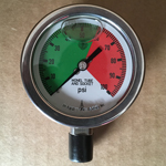 PRESS, 0-100 PSI, 2-1/2IN DIAL S/S, LIQ FILL 1/4IN MONEL LWR NPT, 0# TO 58.5# GRN/ 58.5# TO 100# RED