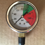PRESS 0-160 PSI 2-1/2 DIAL S/S LIQ 1/4 BRASS LWR NPT, 85# TO 114# GRN/114# TO 160# RED