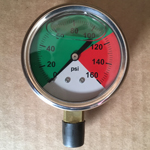 PRESSURE 0-160 PSI 2-1/2 DIAL S/S LIQ 1/4 BRASS LWR NPT CONN, 0# TO 114# GRN/114# TO 160# RED